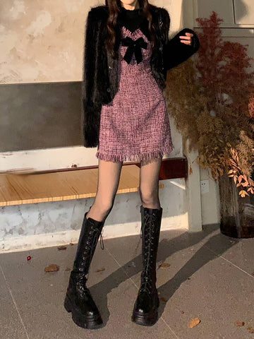 Yipinpay Fashion Suit Woman Elegant Clothing Strap Y2k Mini Dress + Black Slim Tops Basic 2 Piece Dress Set Female 2023 Spring